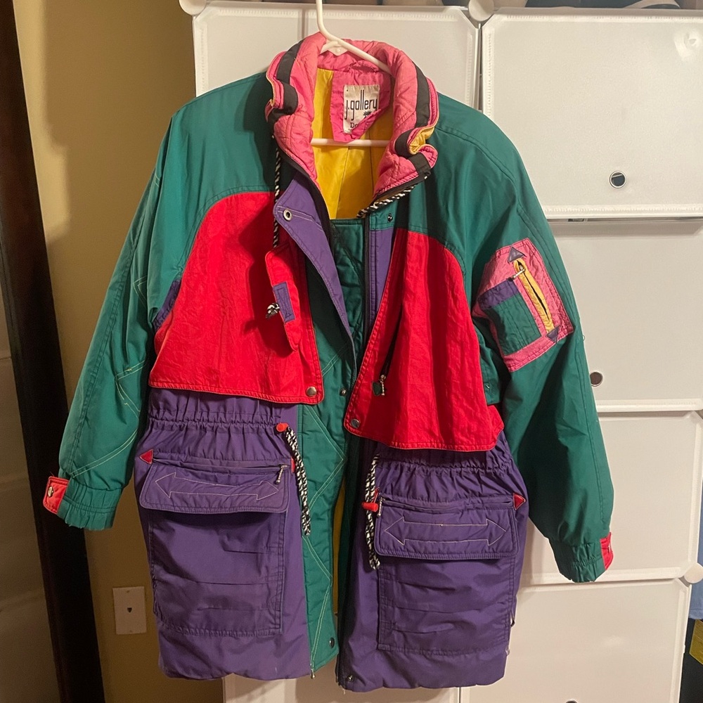 Vintage Colorblock 80s Down Snowboard Snow Ski Jacket with Shoulder Pads, L